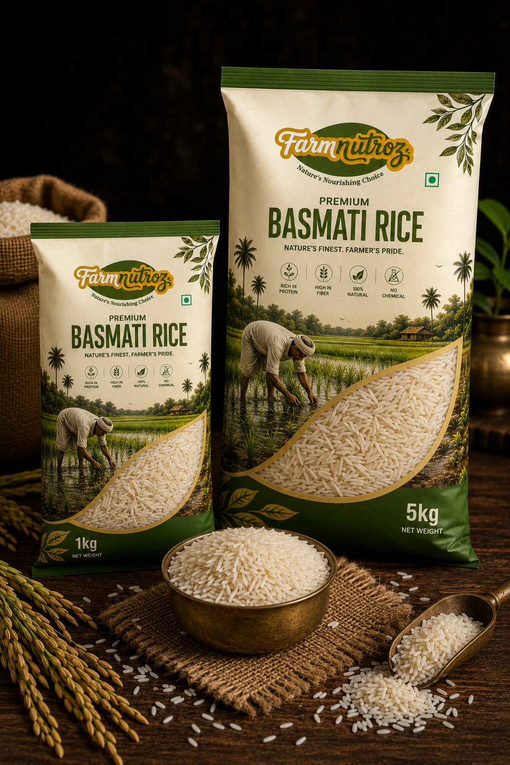 Two bags of Farm Nutroz Premium Basmati Rice, one 1kg and one 5kg, displayed on a rustic wooden surface with a bowl of uncooked rice and a scoop in the foreground.
