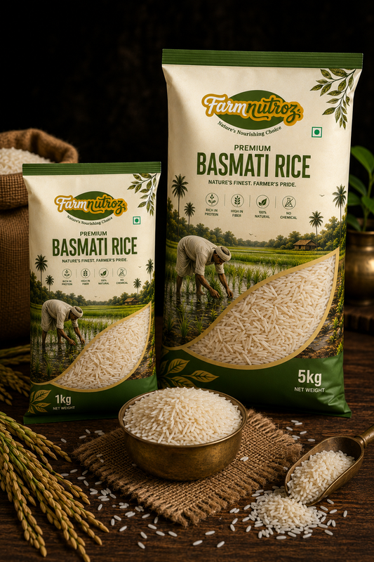 Two bags of Farm Nutroz Premium Basmati Rice, one 1kg and one 5kg, displayed on a rustic wooden surface with a bowl of uncooked rice and a scoop in the foreground.