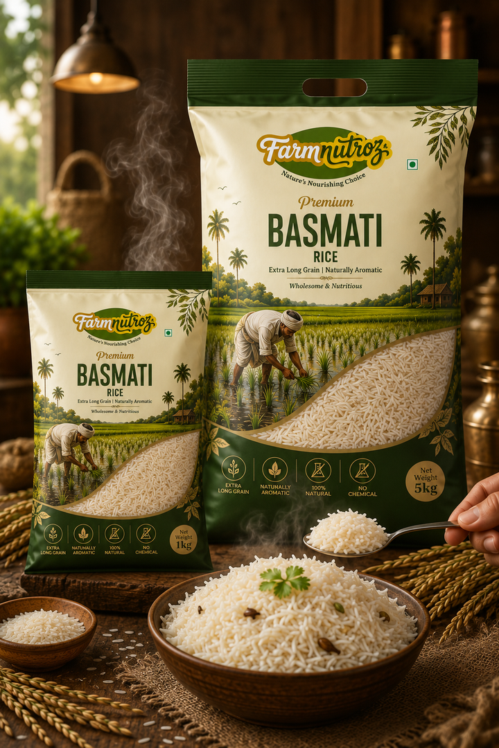 Two bags of FarmNutroz Basmati Rice displayed in a rustic kitchen setting with bowls of cooked white rice and a hand holding a spoon with rice grains.